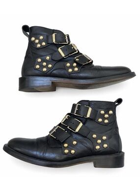 Zadig & Voltaire Studded Leather Biker Boots Moto Buckle Zip Black Size 39